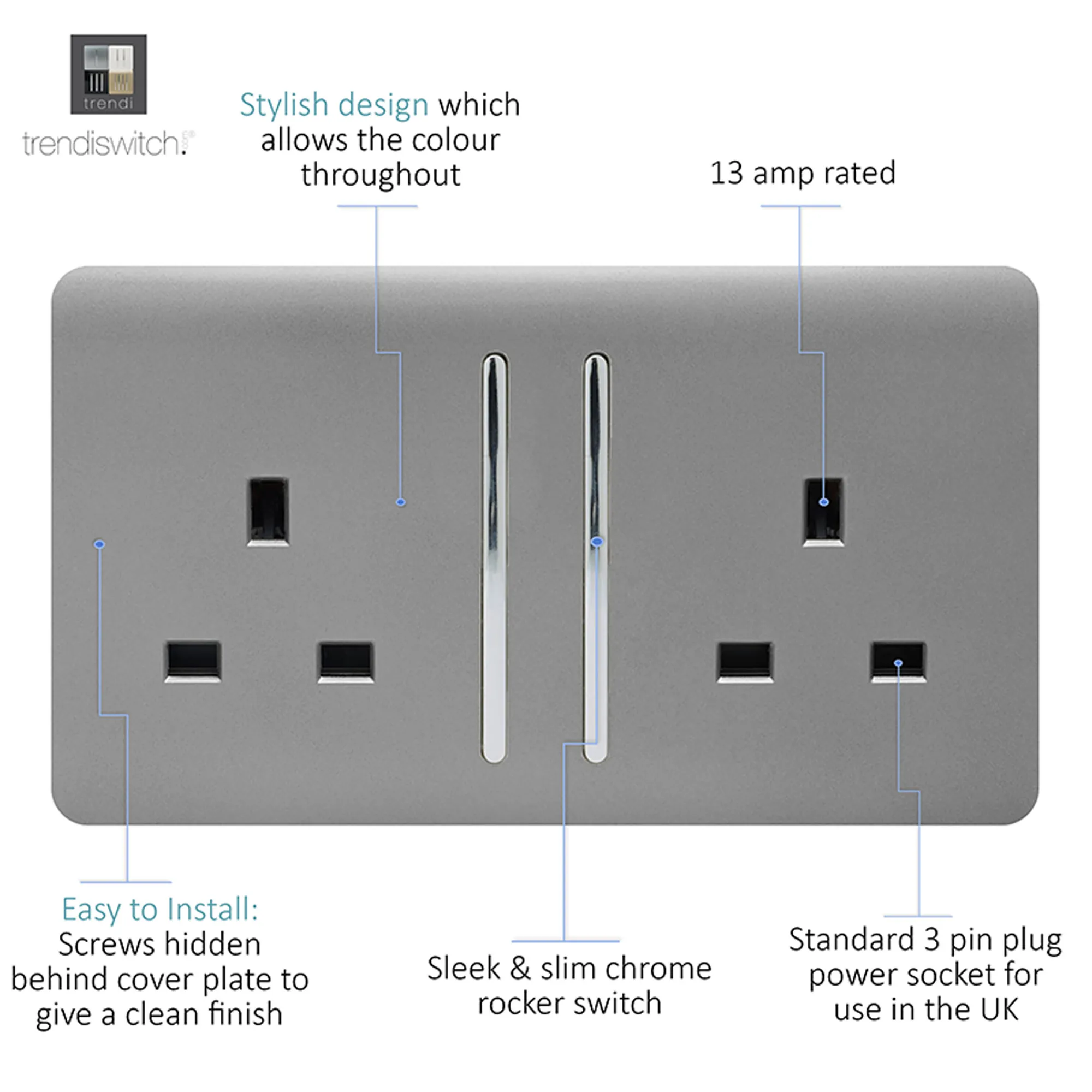 2 Gang 13Amp Long Switched Double Socket Light Grey ART-SKT213LLG  Trendi Light Grey